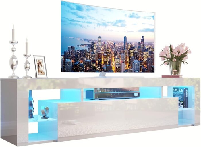 Gitua Floating TV Stand Wall Mounted, High Gloss LED Entertainment Center with Storage and Adjustable Glass Shelf, TV Stand for 65 Inch TV, Gaming Media Center Console Table with Lights, White - Image 7