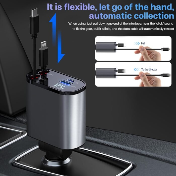 Retractable Car Charger with 100W, 4 in 1 Car Fast Charger for iPhone and Type C, Retractable Cables (31.5 inch) and 2 Charging Ports, Compatible with iPhone 15/14/13/12 Pro Max XR,iPad,Samsung,Pixel - Image 5