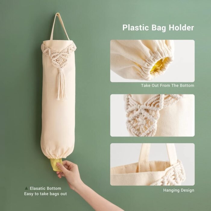 Mkono 2 Pack Macrame Plastic Bag Holder Grocery Bags Organizer Trash Bag Dispenser Camper Boho Decor Shopping Bag Storage for Kitchen Closet Pantry Laundry Room, Ivory, 9”W x 21”L - Image 5