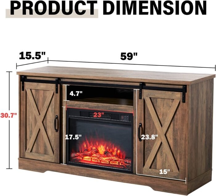 AMERLIFE Fireplace TV Stand with Sliding Barn Door for TVs up to 65", Farmhouse 59" Fireplace Entertainment Center with Storage Cabinets/Adjustable Shelves, Barnwood - Image 6