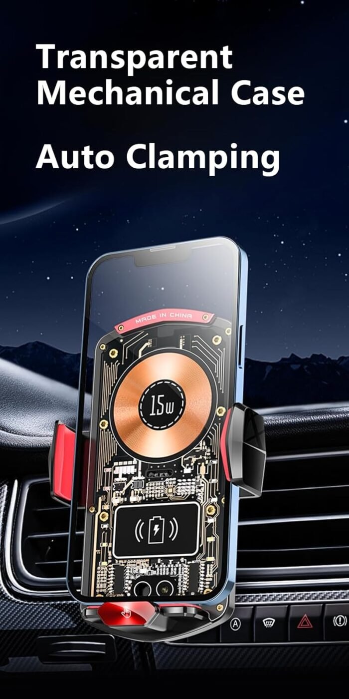 Wireless Car Charger Mount,Phone Holder,15W Fast Charging, Air Vent Clamp,Auto Clamping,360° Rotating Ball Joint,Transparent Case,Compatible with iPhone 15/14/13/12/11/10, Samsung Galaxy Series - Image 3