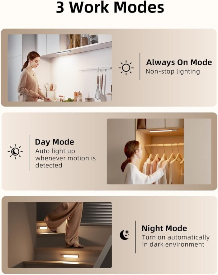 EZVALO Under Cabinet Lighting, 80 LED Motion Sensor Lights Indoor with 3 Color Temps, 1900mAh Rechargeable Under Cabinet Lights Wireless, Dimmable Under Counter Lights for Kitchen, Closet (2 Pack) - Image 6