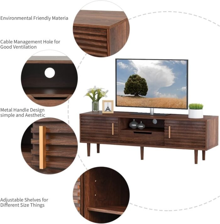 Mid-Century Modern TV Stand for TVs up to 65" Wood TV Console Media Cabinet with Drawer, Sliding Door Storage Cabinet, Open Shelf Home Entertainment Center for Living Room and Bedroom, Brown 59" - Image 7