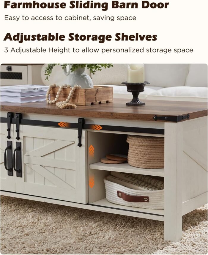 OKD 48" Farmhouse Lift Top Coffee Table with Sliding Barn Door,Rustic Center Table with Hidden Storage Compartment,Lifting Tabletop and Adjustable Shelf for Living Room,Office,Antique White - Image 5