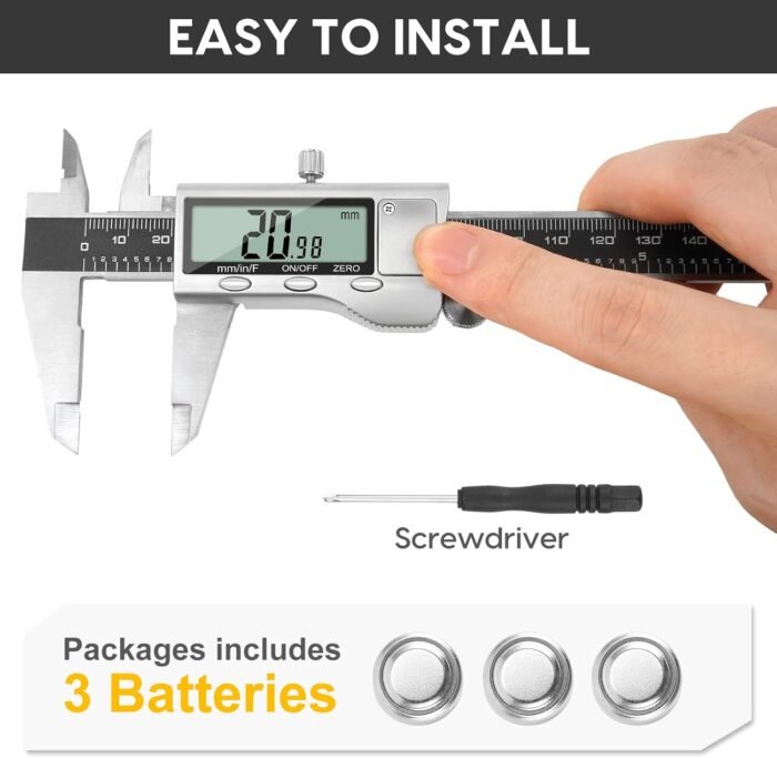 Digital Caliper Measuring Tool, 6 Inch Caliper Tool with Large LCD Screen, Easy Switch from Inch Millimeter Fraction, Stainless Steel Vernier Caliper Digital Micrometer for DIY/Household - Image 5