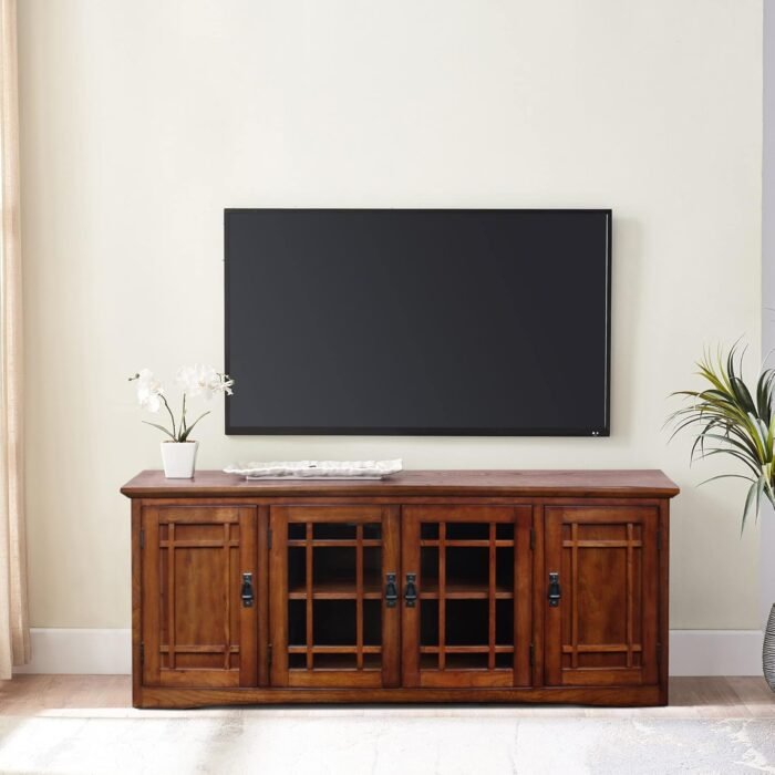 Leick Home 82360 Solid Wood Mission Oak Four Door TV Stand For 65" TVs Universal TV Console Living Room Storage Shelves Entertainment Center, Mission Oak - Image 2