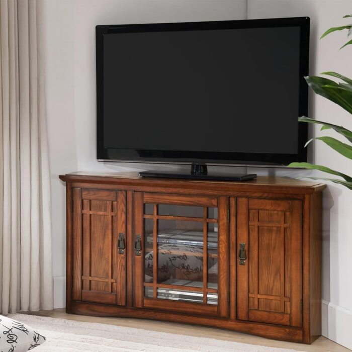 Leick Home 82385 Solid Wood Mission Corner TV Stand for 50" TVs, Living Room Entertainment Center with Three Doors and Storage Shelves, Mission Oak - Image 2