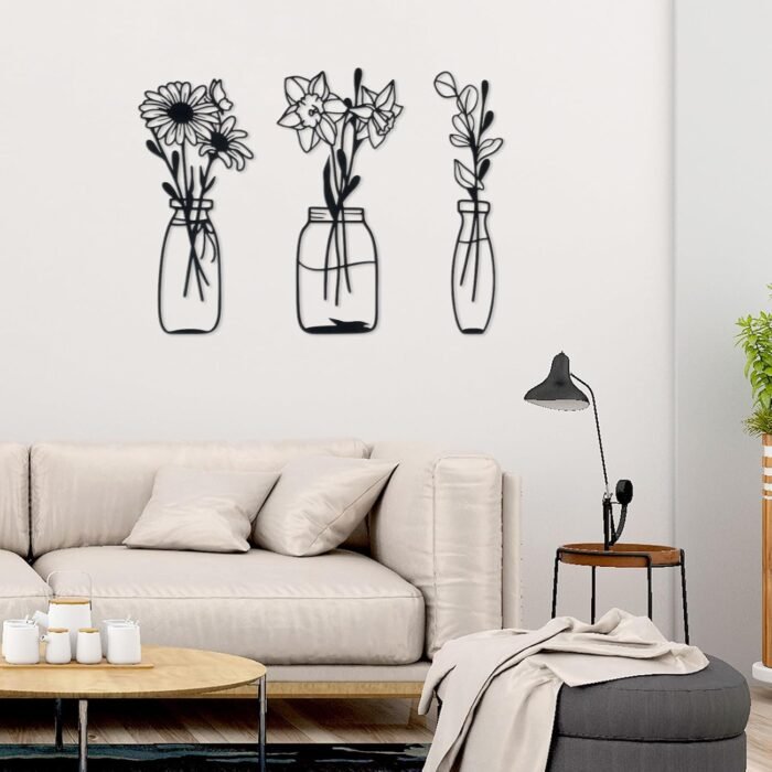 Zzbakress 3 Piece Metal Flowers and Vases Wall Decoration Minimalist Art Wall Sculpture Daffodils Chrysanthemum Eucalyptus Leaf Iron Decorative Floral for Living Room or Kitchen (Style 1, Black) - Image 2