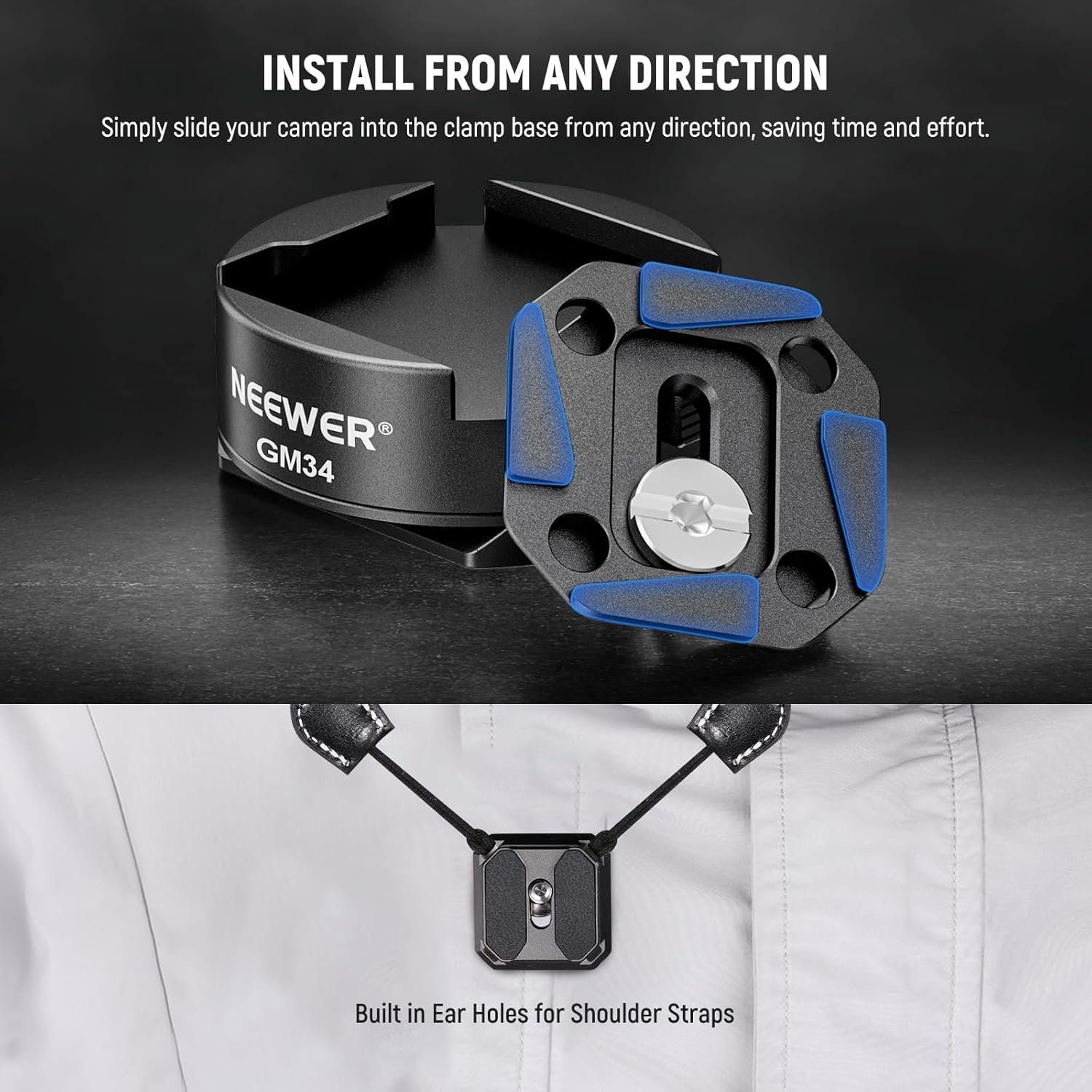 Neewer GM34 Camera Quick Release Plate Kit, Quick Switch Auto Lock Square QR Mount Plate with Arca Type Clamp Base, Compatible with Arca Swiss Peak Design Capture V3 Camera Clip, Max Load 11lb/5kg - Image 2