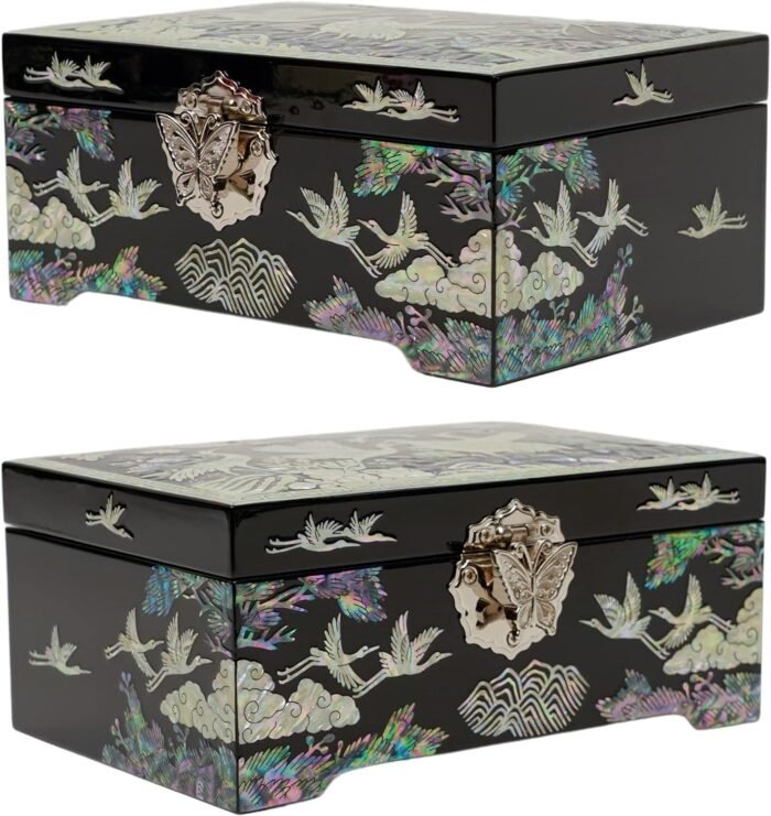 February Mountain Mother of Pearl Jewelry Box – Traditional Korean Design with Cranes and Pine Trees | Handcrafted Wooden Box, Velvet-Lined Interior for Rings, Earrings & Necklaces | Gifts for Women - Image 9