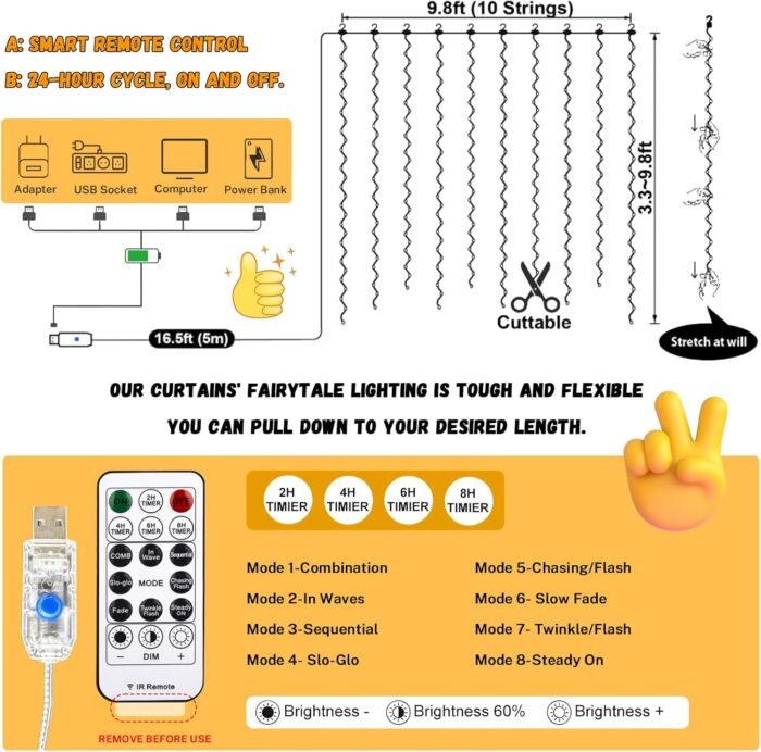 HXWEIYE 300LED Fairy Curtain Lights, 9.8x9.8Ft Warm White USB Plug in 8 Modes Christmas String Hanging Lights with Remote for Bedroom, Indoor, Outdoor, Weddings, Party - Image 6