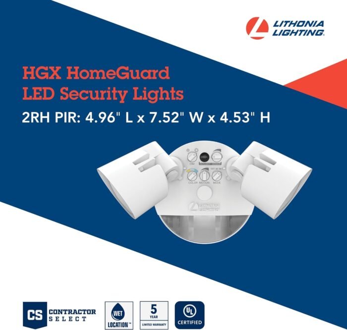 Lithonia Lighting HGX LED 2RH ALO SWW2 120 PIR WH M2 HomeGuard Security Flood Lights 2150-2600 Lumens, 2-Light, Photocell Sensor and Motion Detection, White - Image 4