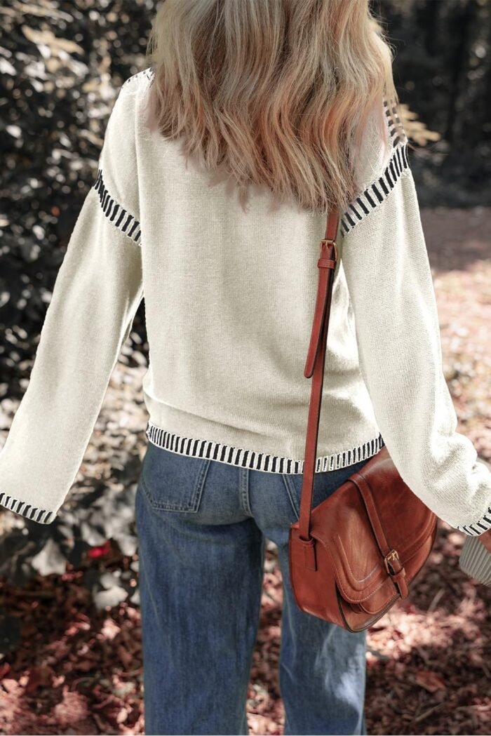 Dokotoo Sweaters for Women Fashion Solid Crewneck Loose Fit Long Sleeve Contrast Cable Knit Pullover Sweater Jumper Tops - Image 2