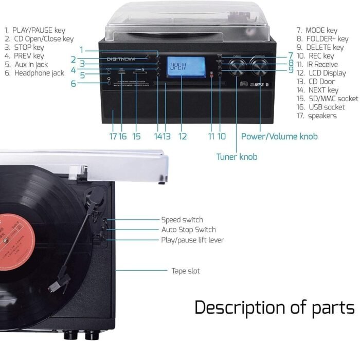 DIGITNOW Bluetooth Record Player Turntable with Stereo Speaker, LP Vinyl to MP3 Converter with CD, Cassette, Radio, Aux in and USB/SD Encoding, Remote Control, Audio Music Player Built in Amplifier - Image 6