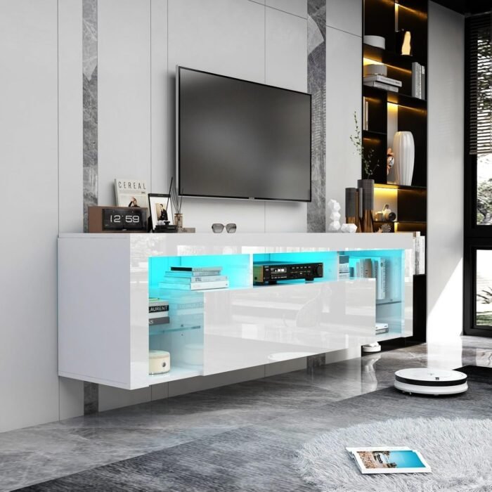 Gitua Floating TV Stand Wall Mounted, High Gloss LED Entertainment Center with Storage and Adjustable Glass Shelf, TV Stand for 65 Inch TV, Gaming Media Center Console Table with Lights, White