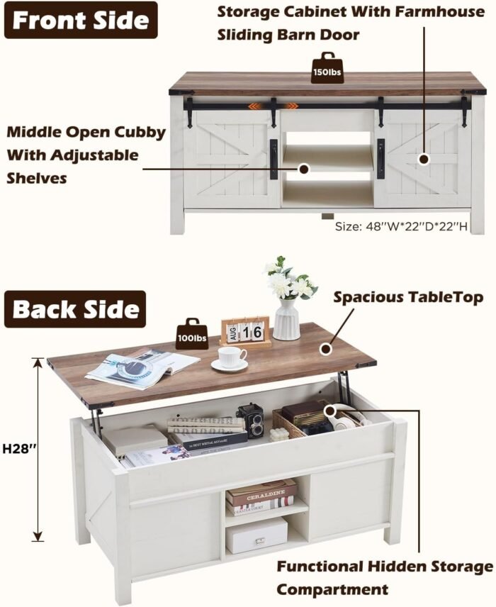 OKD 48" Farmhouse Lift Top Coffee Table with Sliding Barn Door,Rustic Center Table with Hidden Storage Compartment,Lifting Tabletop and Adjustable Shelf for Living Room,Office,Antique White - Image 3