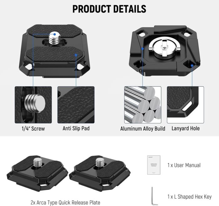 NEEWER 2 Pack Quick Release Plate 38mm Square Arca Type QR Camera Mount Plate Compatible with Peak Design Capture V3 Camera Clip, Tripod Head to Shoulder Strap Quick Switch with 4 Safety Pins, QPR-5 - Image 6