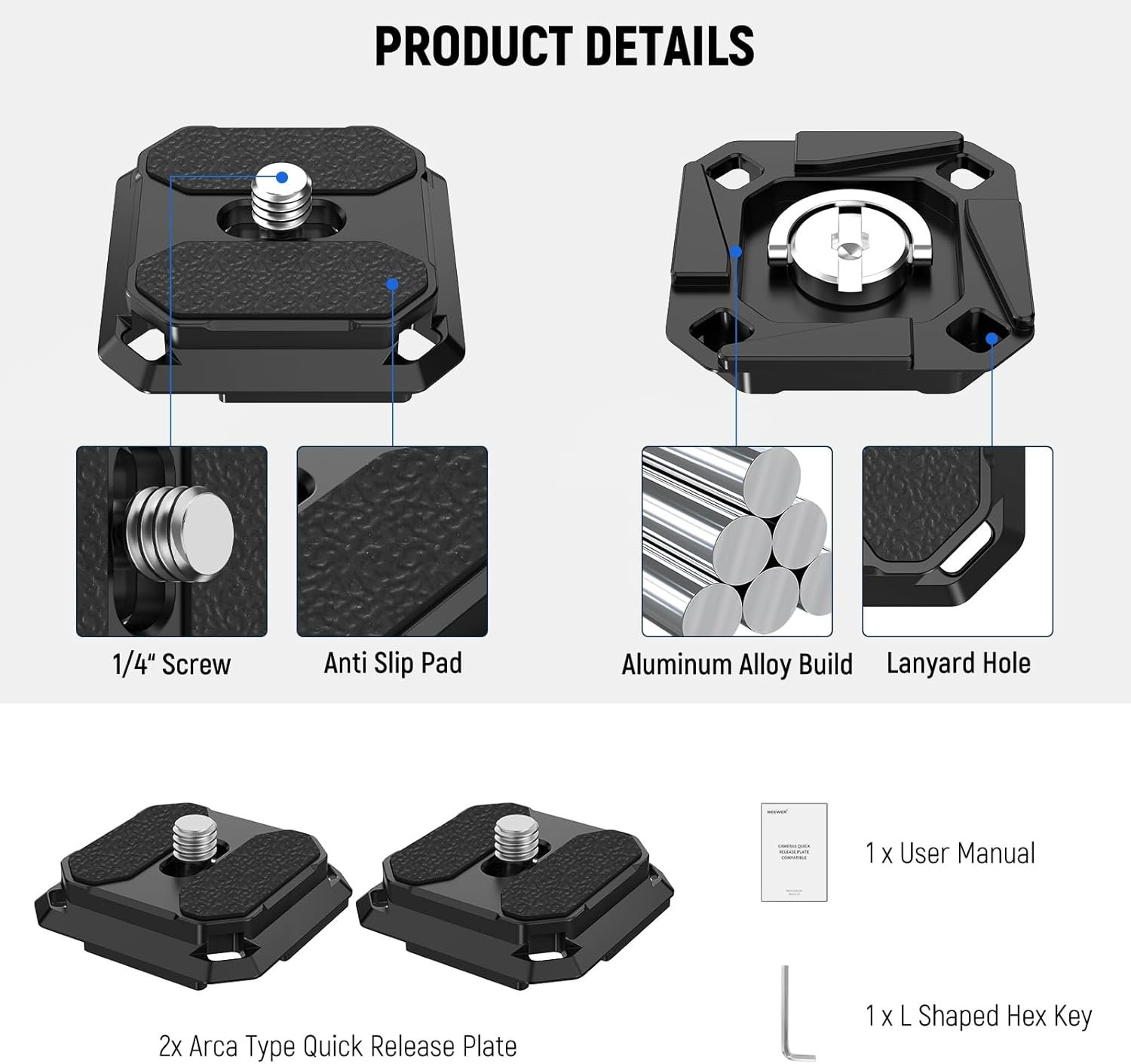 NEEWER 2 Pack Quick Release Plate 38mm Square Arca Type QR Camera Mount Plate Compatible with Peak Design Capture V3 Camera Clip, Tripod Head to Shoulder Strap Quick Switch with 4 Safety Pins, QPR-5 - Image 6