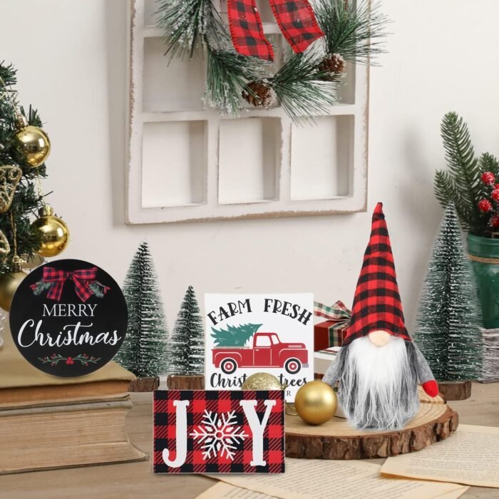 Christmas Tiered Tray Décor Set of 7, Merry Christmas Farm Fresh Truck, Joy Wood Sign Buffalo Plaid Gnome Plush and Christmas Trees, Farmhouse Table Home Party Shelf Fireplace Mantel Decor - Image 7