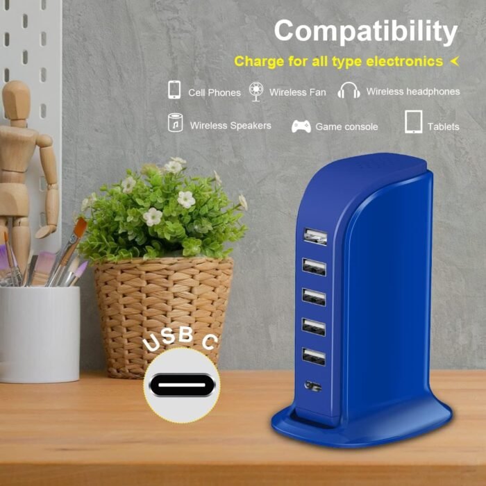 USB Charging Station Upoy, 6 Ports Charging Blocks, USB Power Hub with C Port, Charging Dock for Electronics Organizer, Multi Charger 40W, Compatible with Kindle, iPhone, Ipad, Airpods, Tech Gadgets - Image 3