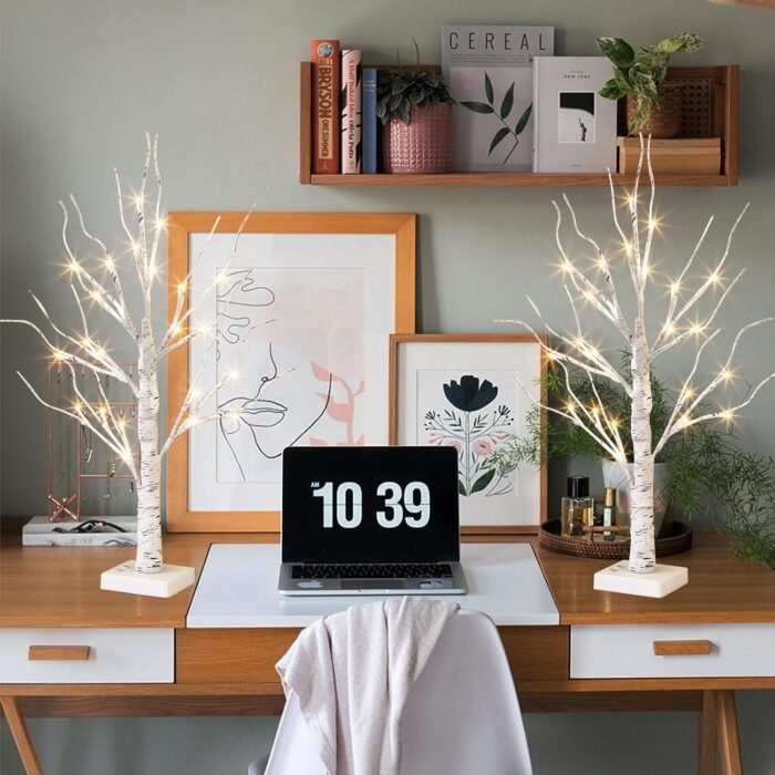 Vanthylit White Birch Tree with LED Lights - Set of 2, LED Tabletop Tree with Timer, Christmas Decorations Lighted Tree for Indoor Mantel Home Decor (2 FT, 24 LED) - Image 8