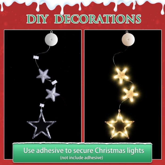 [Timer] 3Pcs Christmas Window Lights Decorations,Battery Powered Christmas Hanging Warm White Lighted Tree Bell Star Shaped LED Sucker for Xmas Tree Fireplace Indoor Outdoor Decor - Image 6