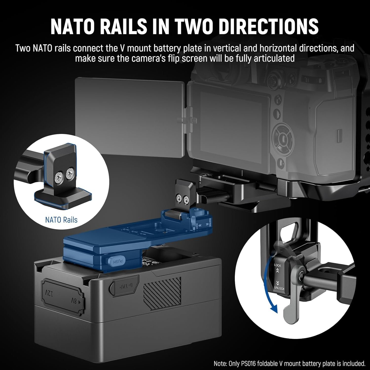 NEEWER V Mount Battery Plate with NATO Rails, Arca Type Baseplate for RS4 Pro RS3 Pro Gimbal, Modular DSLR Camera Video Rig Compatible with SmallRig V Lock Battery Camera Cage, PS016 - Image 6