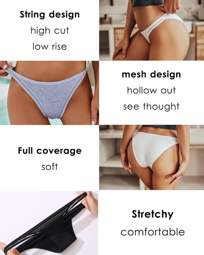 FINETOO 6 Pack String Underwear for Women Cotton High Cut Stretch Breathable Low Rise Hipster Cheeky Bikini Panties S-XL - Image 3