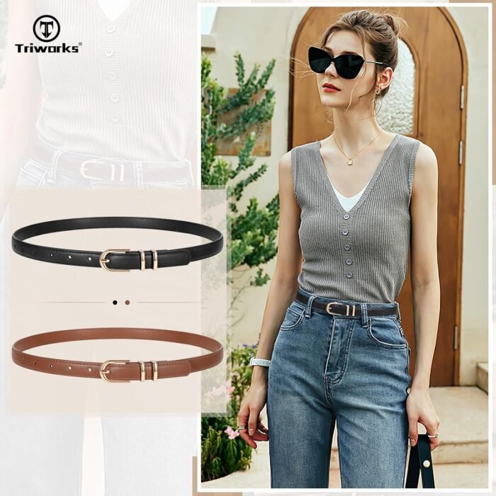 2 Pack Women Skinny Leather Belts for Jeans Pants Thin Faux Leather Belt with Gold Buckle - Image 3