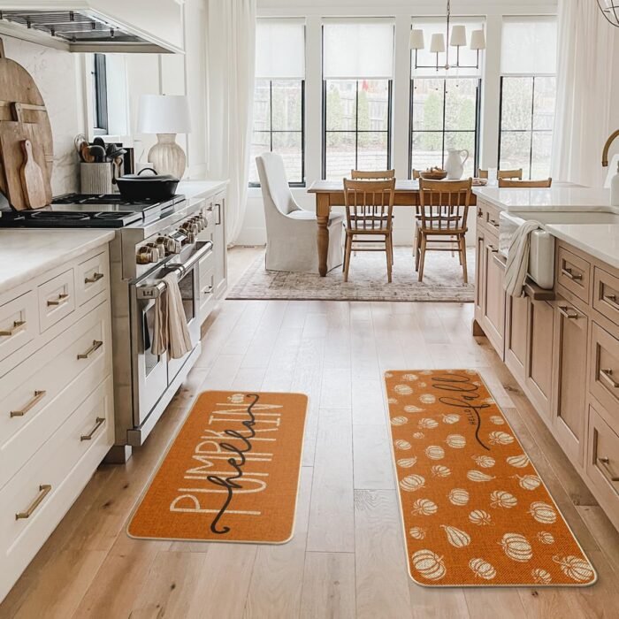 Artoid Mode Orange Hello Pumpkin Fall Kitchen Mats Set of 2, Autumn Home Decor Low-Profile Kitchen Rugs for Floor - 17x29 and 17x47 Inch - Image 3