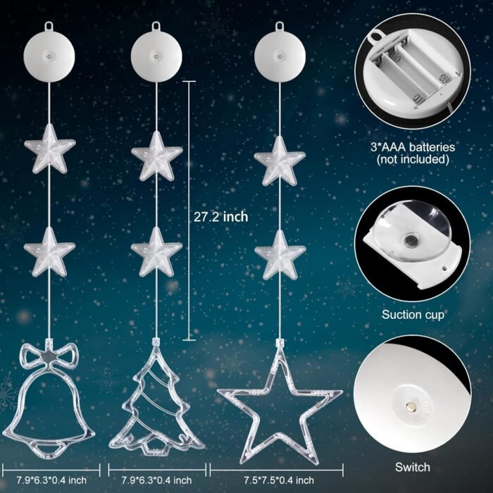 [Timer] 3Pcs Christmas Window Lights Decorations,Battery Powered Christmas Hanging Warm White Lighted Tree Bell Star Shaped LED Sucker for Xmas Tree Fireplace Indoor Outdoor Decor - Image 8