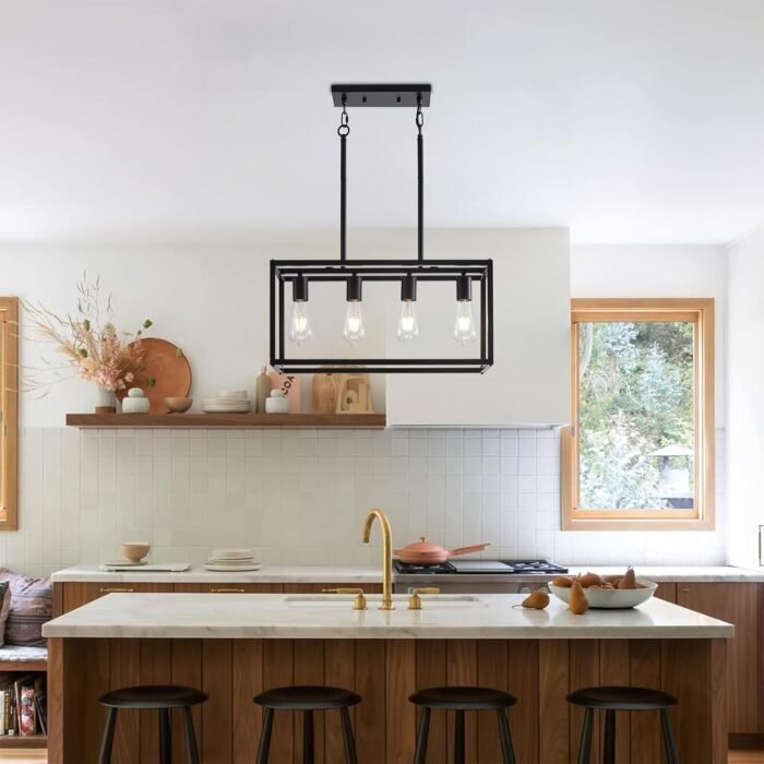 Dining Room Light Fixture 4 Light Black Farmhouse Chandelier Modern Kitchen Island Pendant Lighting Rectangular Hanging Lights for Kitchen Dining Room Adjustable Height Metal E26 Base - Image 2