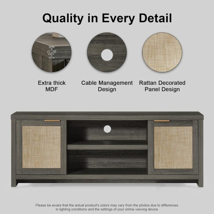 Hampstead TV Stand for Living Room, Modern Entertainment Center for 65 inch TV, 2 Rattan Doors Cabinet Media Console, TV Console Table with Soft Hinge Door and Handle (Midnight Oak) - Image 3