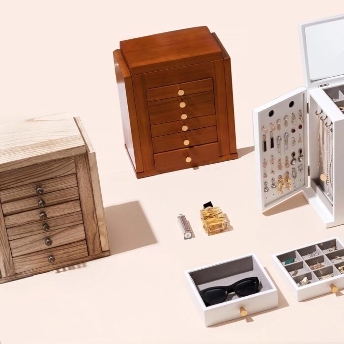 ProCase Large Jewelry Box, 7-Layer Wooden Jewelry Boxes for Women, Jewellery Holder Organizer Storage Case with Mirror for Earrings Bracelet Necklace for Dresser -Natural - Image 2
