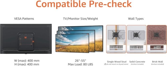 Amazon Basics Full Motion Articulating TV Wall Mount, with Swivel and Tilt, for 26" to 55" TVs and Flat Panels up to 80 Lbs, VESA Compatible, Black - Image 2