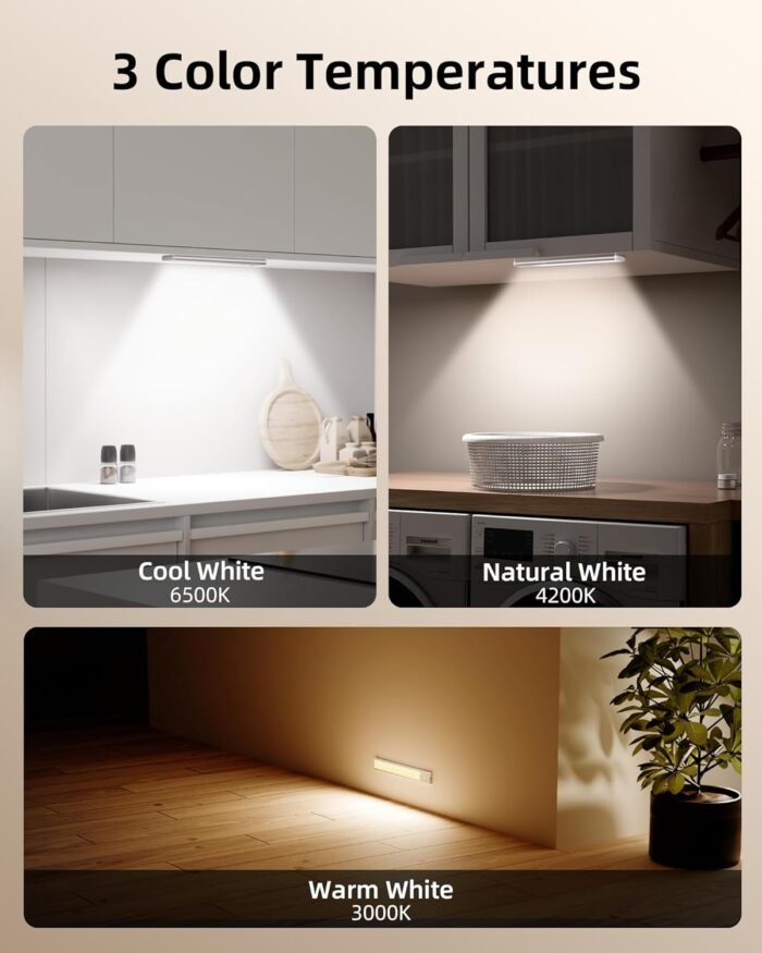 EZVALO Under Cabinet Lighting, 80 LED Motion Sensor Lights Indoor with 3 Color Temps, 1900mAh Rechargeable Under Cabinet Lights Wireless, Dimmable Under Counter Lights for Kitchen, Closet (2 Pack) - Image 4