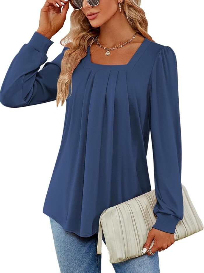 Funlingo 2024 Women's Long Sleeve Tops Dressy Pleated Square Neck Tunic Blouses Casual Loose Shirts - Image 7