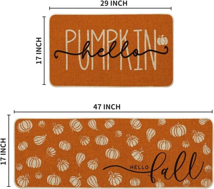 Artoid Mode Orange Hello Pumpkin Fall Kitchen Mats Set of 2, Autumn Home Decor Low-Profile Kitchen Rugs for Floor - 17x29 and 17x47 Inch - Image 6