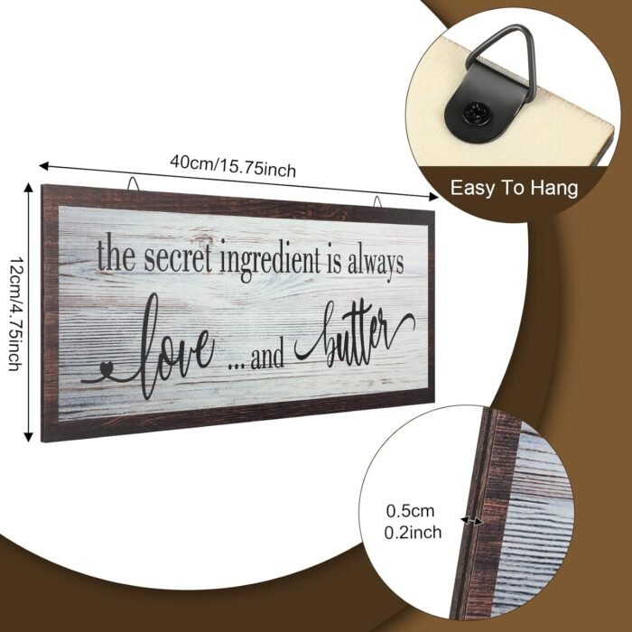 Jetec The Secret Ingredient Is Always Love and Butter Sign Funny Wood Kitchen Sign Funny Farmhouse Wall Kitchen Decor Rustic Kitchen Wall Decoration, 15.7 x 4.7 Inch(White) - Image 2