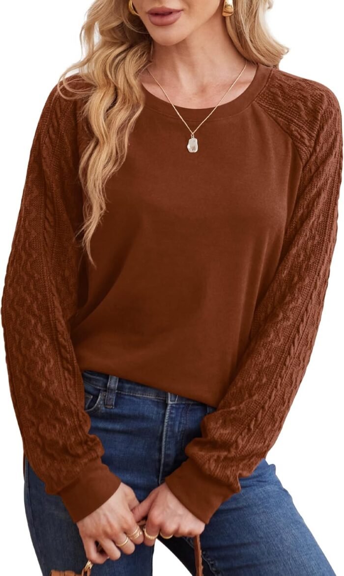Saloogoe Sweatshirts for Women Crewneck Cable Knit Sleeve Sweaters Lightweight Fashion 2024 - Image 3
