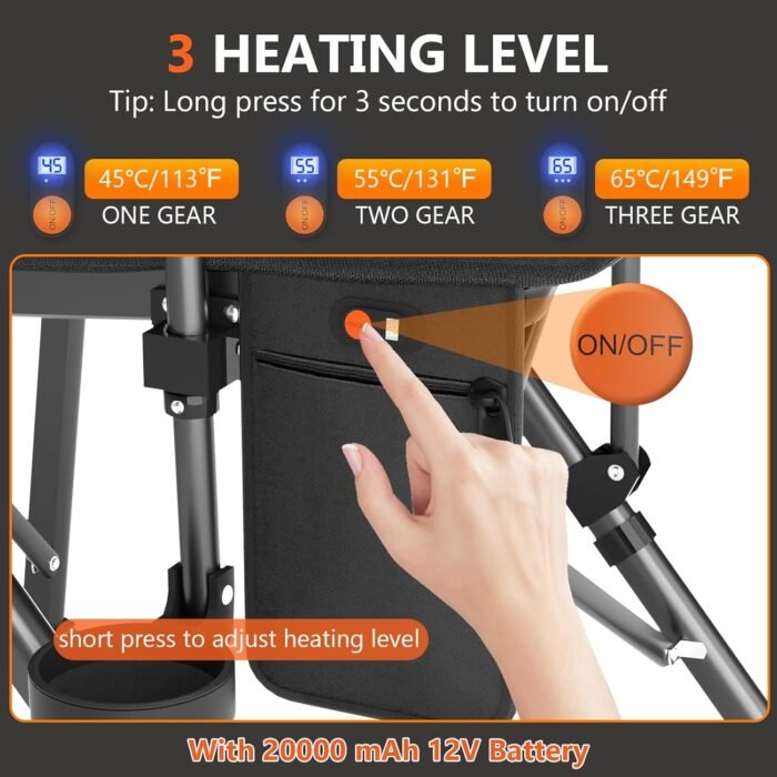 Heated Camping Chair, with 20000 mAh 12V Battery Pack, Weight Bearing 600 lbs for Camp, 3 Heat Levels and 3 Zone Heating, Heated Folding Chairs Outdoor Sports, Lawn, Fishing, Black - Image 5