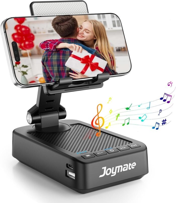 Gifts for Men Women, Joymate Bluetooth Speaker Phone Stand with Charging Function 360° Rotable Adjustable Cell Phone Holder HD Surround Sound for Desk Fits All Phones,Tablet (Black) - Image 9