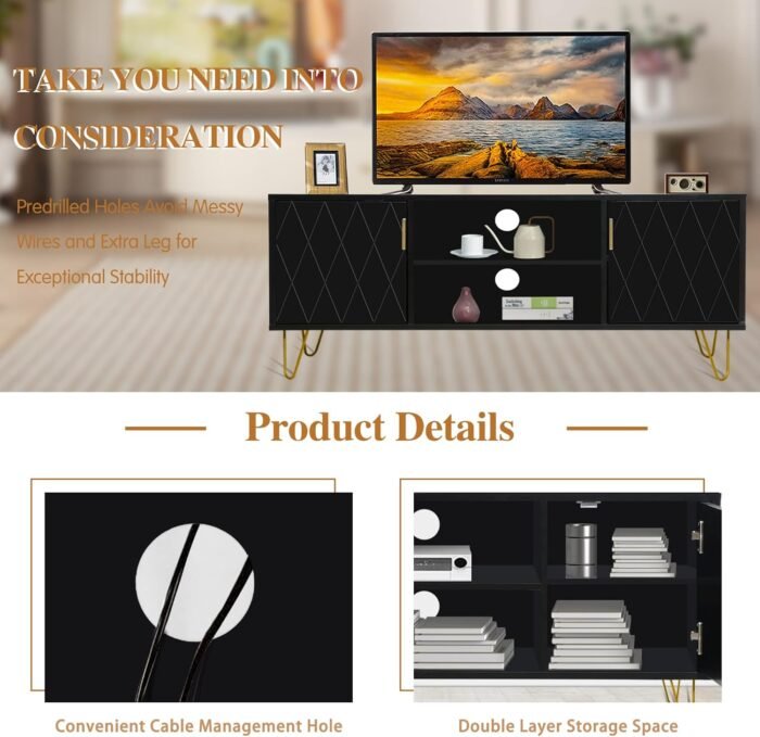Anbuy Entertainment Center Black Media Console Wood TV Console Media Cabinet with 2 Storage Cabinet and Shelves Home TV Stand for Living Room Support TV up to 65 inch Wood TV Cabinet (Black) - Image 4