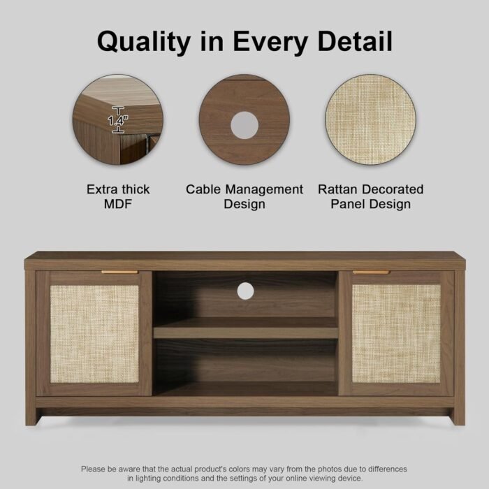 Hampstead TV Stand for Living Room, Modern Entertainment Center for 65 inch TV, 2 Rattan Doors Cabinet Media Console, TV Console Table with Soft Hinge Door and Handle (Special Walnut) - Image 3
