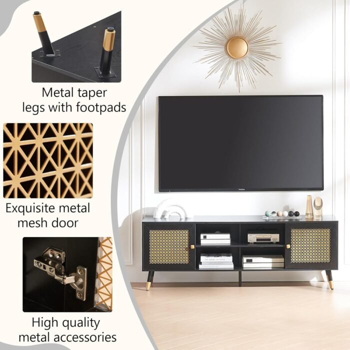 Modern Entertainment Center for TVs up to 75 inches, Boho TV Console with Storage Cabinet and Open Shelf, Black TV Cabinet, Large TV Stand for Living Room, Bedroom, Home Office - Image 4
