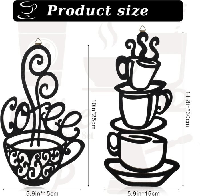 Jetec 2 Pieces Coffee Cup Wall Decor Black Coffee Cup Silhouette Wood Wall Art Cafe Themed Wall Art Cup Mug Scrolled Silhouette Metal Wall Art Decor for Coffee Shop, Kitchen, Restaurant - Image 3