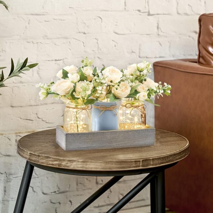 Mkono Mason Jar Lights Centerpiece Table Decorations for Dining Room Farmhouse Coffee Table Decor Tray with 3 Jars Flowers Christmas Centerpieces Decor for Kitchen Living Dining Room, Grey Blue - Image 4