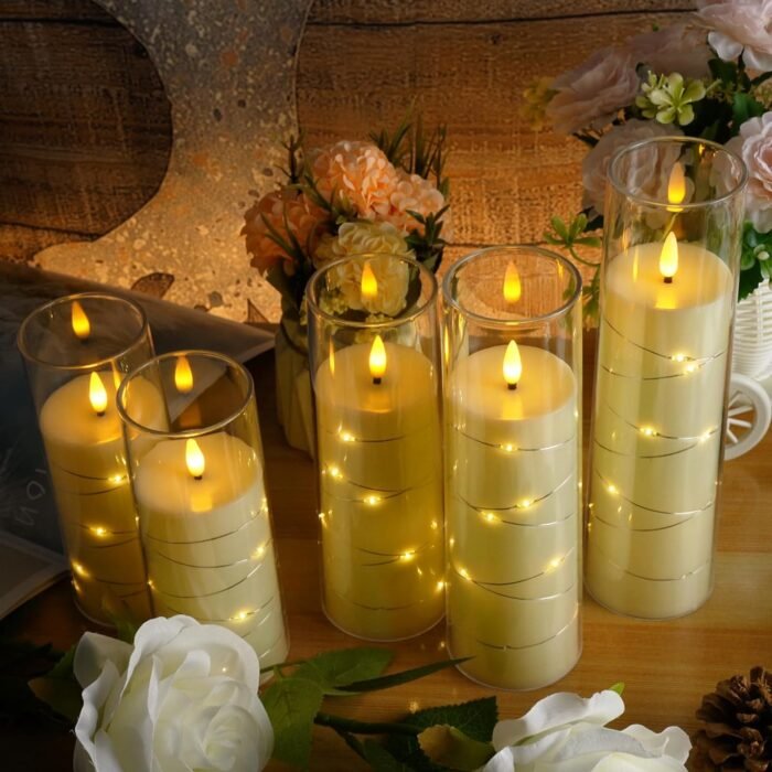 Flameless LED Candles with Timer 5 Pc Flickering Flameless Candles for Romantic Ambiance and Home Decoration Stable Acrylic Shell,with Embedded Star String，Battery Operated Candles（Ivory） - Image 6