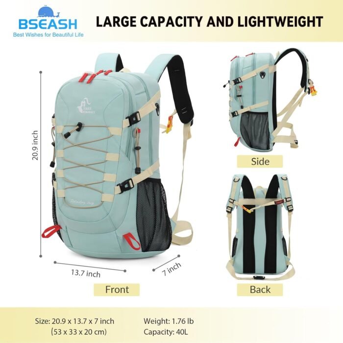 Bseash 40L Waterproof Hiking Backpack with Rain Cover, Outdoor Sport Travel Bag Daypack for Camping Climbing Skiing Cycling (Black) - Image 8