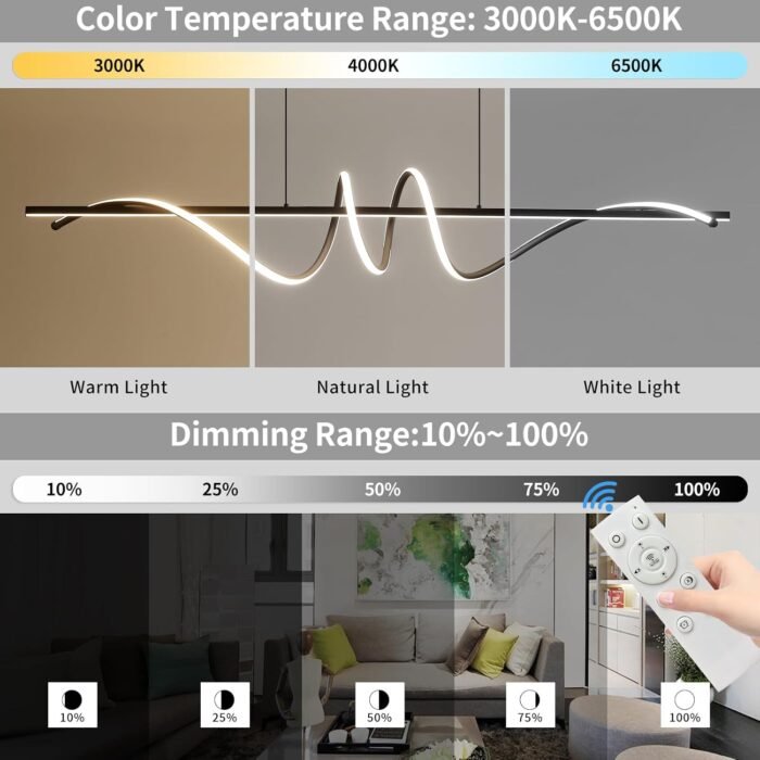 Modern LED Chandelier Light, 39IN Pendant Light Fixtures Dimmable with Remote Control 3000k-6500K Adjustable Color Temperature，Aluminum Island Lighting Lamp for Dining Room, Living Room, Island - Image 2